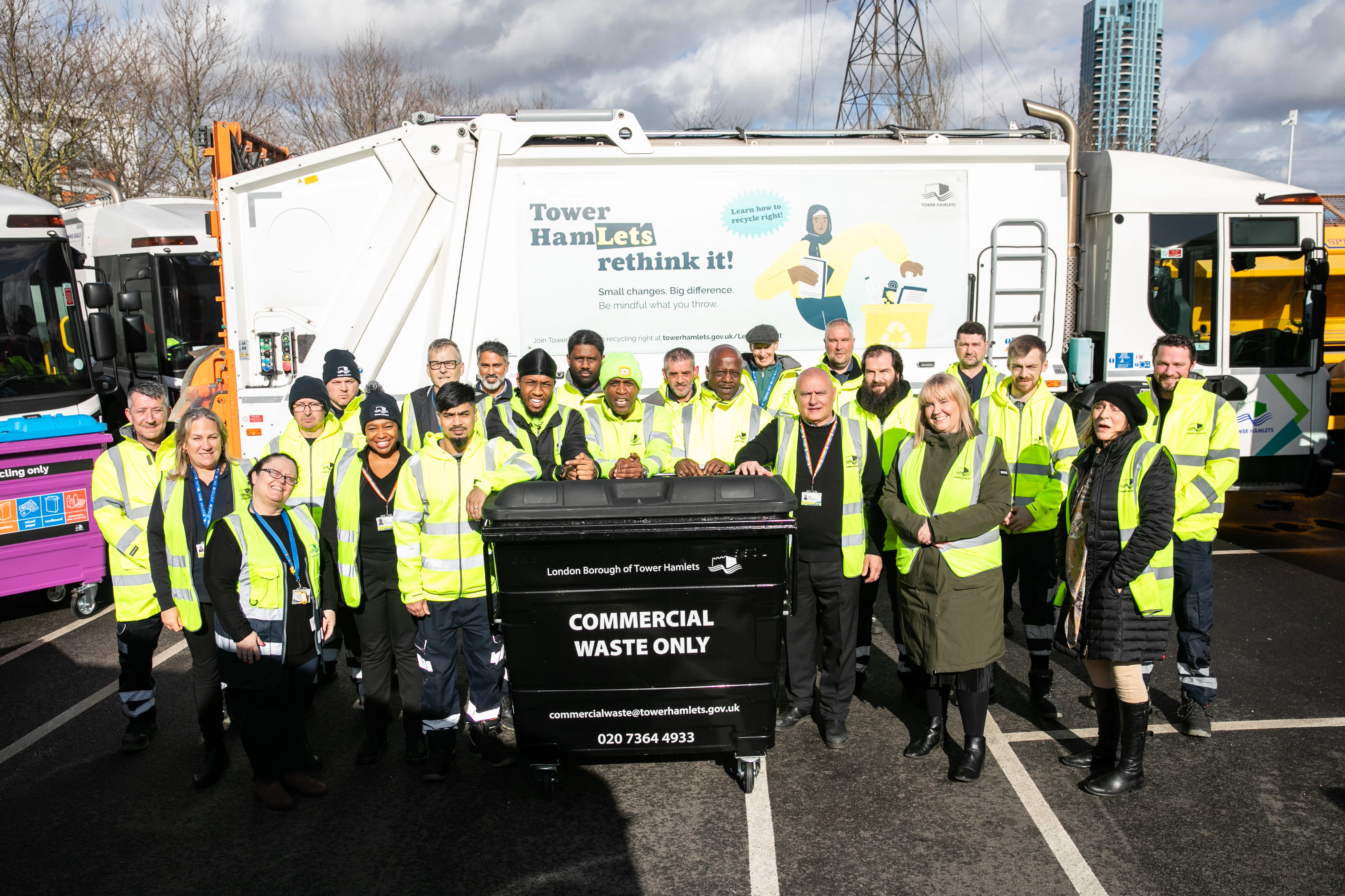 Tower Hamlets Commercial Waste Team and equipment photo outside the waste depot.